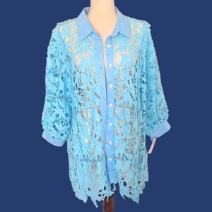 POL NWT Blue Cotton Lace Button Down Shirt, Coverup, Blouse, Shacket